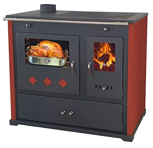 Kaminofen mit Backfach und Herdplatte Pracktik Lux Rot LINKS Holzofen 9,5 kW Kamin Ofen Dauerbrandofen Werkstattofen Schwedenofen Hüttenofen Heizofen