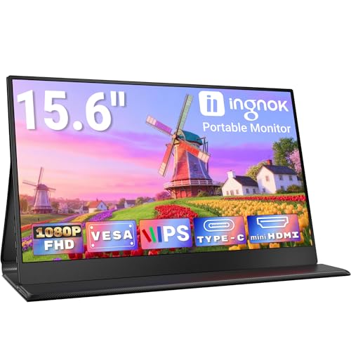 Ingnok Tragbarer Monitor 15,6 Zoll, 1080P FHD IPS Portable Monitor für Laptop mit Schutzhülle Lautsprecher, Ultra-Dünner Zweitbildschirm für Laptop/PC/Mac/PS3/4/5/Xbox- USB C & HDMI Anschluss