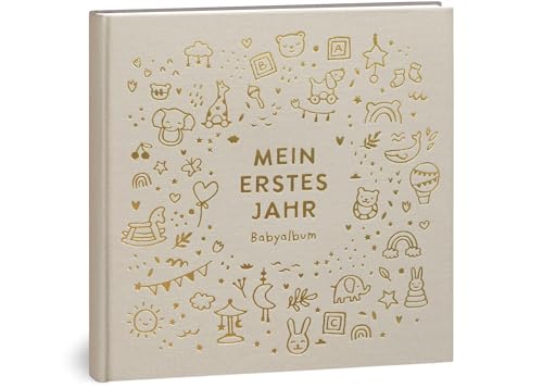 Mein erstes Jahr Babyalbum - Hochwertiges Leinenbuch mit Goldprägung für die schönsten Erinnerungen - Babybuch zum Eintragen für das erste Lebensjahr - Baby Geschenk zur Geburt (Spielzeug Natur)