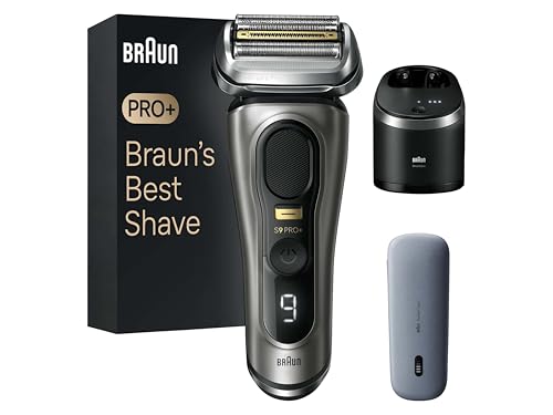 Braun Series 9 Pro+ Rasierer Herren, Elektrorasierer mit 5 Pro Rasierelementen, Langhaarschneider & Reinigungsstation, Rasierer-Ladeetui PowerCase, 60 Min Laufzeit, 9575 cc, Edelmetall
