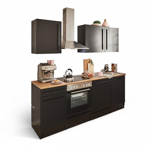 Stella Trading Jazz 8 Moderne Küchenzeile mit Elektrogeräten in Schwarz matt, Lanzelot Eiche Optik - Geräumige Einbauküche mit viel Stauraum - 220 x 212 x 60 cm (B/H/T)