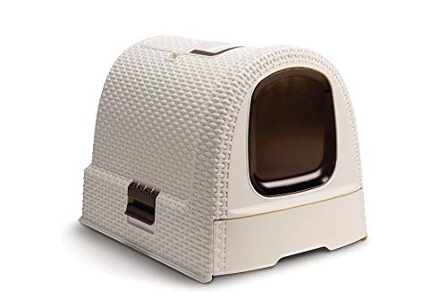 Curver petlife Katzentoilette mit Deckel, Katzenklo inklusive Schaufel, moderne Rattangeflecht-Optik, weiß, 51,5 x 38,5 x 40 cm