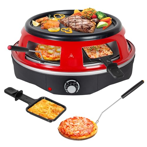 Todeco 3-in-1 Elektrischer Pizzaofen mit 6 Pizzaschaufeln, 6 Käsepfanne, Grillplatte, 1200 Watt, Pizzabackofen für 6 Personen, für Mini-Pizza in Ø 10cm, Grillen und Pfannkuchen, Rot