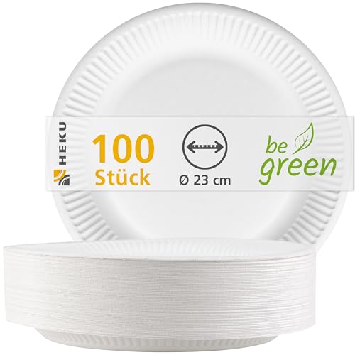 HEKU große Pappteller Ø 23cm, 100 Stück, weiß I 100% Kompostierbar I Robustes 220g/m² Frischfaser I Ideal für verschiedenste Anlässe I Umweltfreundliche Einwegteller
