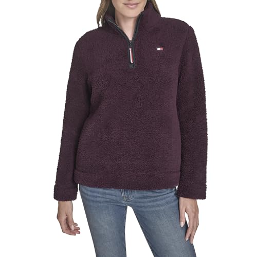Tommy Hilfiger Weicher Sherpa-Pullover für Damen, 1/4-Reißverschluss, Mockneck, Aubergine, XS