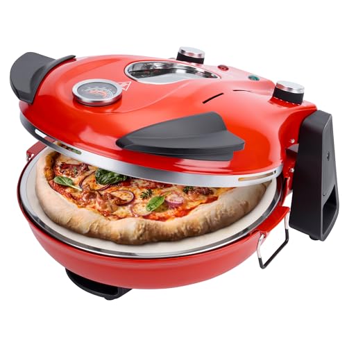 KLAMER Pizzaofen elektrisch, Pizza Ofen mit ⌀ 31cm, 1200W, 400°C, abnehmbarer Keramik Pizzastein, 5 Temperaturstufen, 15 Minuten Timer, Inkl. 2x Pizzaschieber