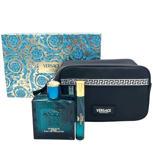 Versace Eros Geschenkset für Herren, Eau De Toilette, 100 ml, Duft Travel Size 10 ml und Tasche