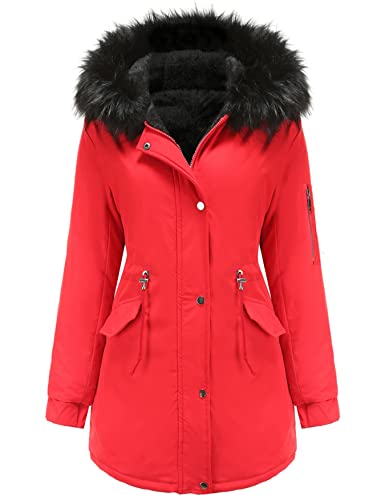 Vancavoo Damen Winterparka Mantel Winterjacke Parka Daunenmantel Herbst Winter Warm Kunstfellkragen Kapuzenmantel mit Tasche,rot S