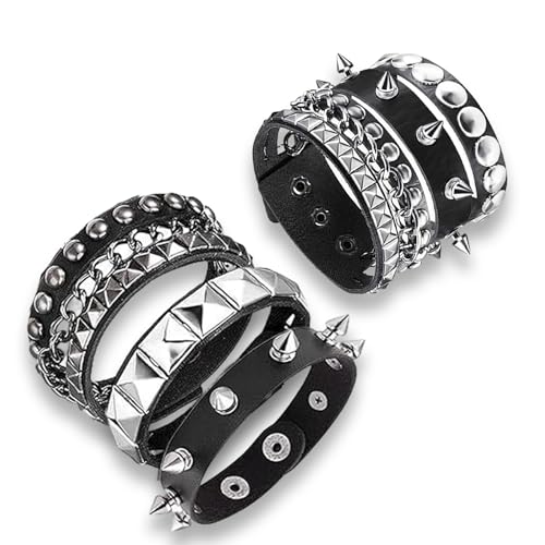 fKiZanthene Set mit sechs Gothic-Armbändern, PU-Leder-Nieten mit gewellter Kette, Modeschmuck für Jugendliche und junge Erwachsene – für Konzerte und Themenpartys