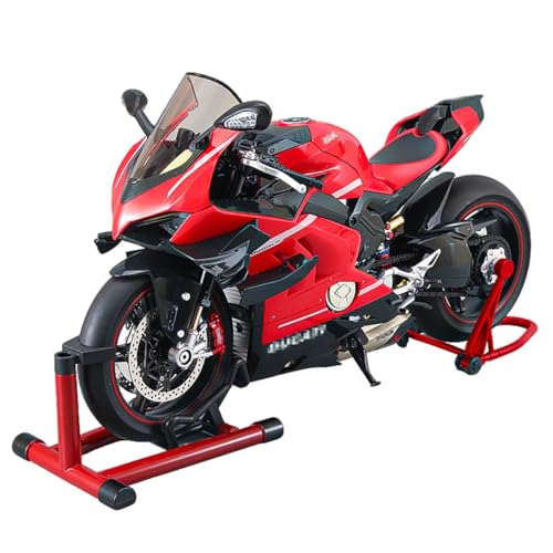 ExploTex 1/7 Scale Alloy Dynamic Motorcycle Model, V4 Top Edition with Ignition System Smoke Spray (Red Carbon Fiber Style), Collectible Dirt Bike Metal Replica, Adult Racing Enthusiast Gift