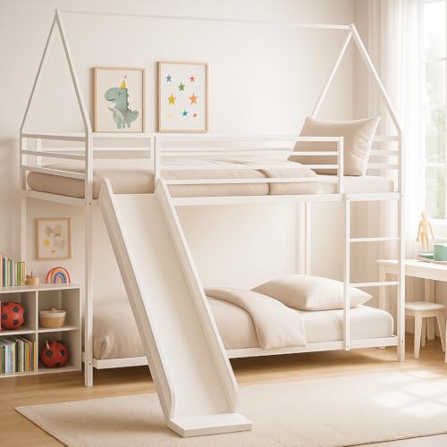 NordicLume Hochbett Kinder mit Rutsche – Etagenbett 90x200 cm – Robustes Metall Hausbett, sicher & platzsparend für Jungen & Mädchen (Weiß)