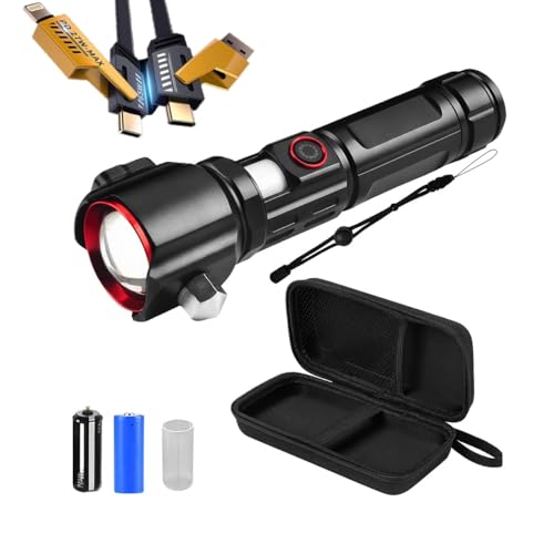 10000 Lumen LED Taschenlampe aufladbar mit USB-C,extrem helle taktische Taschenlampe fürs Auto und Notfall,5000mAh Akku,zoombar,COB Arbeitslicht,Rot-Blau Warnlicht,Powerbank Funktion,IPX4 wetterfest