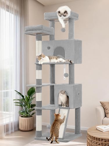 Fobyfurny Kratzbaum 178 cm, Katzenbaum Groß, Kratzbaum Große Katzen Stabil mit Kratzsäulen, Kratzbrett, 2 Bequemen Katzenhöhlen, 2 Oberplattformen, Seitenruheplattform, Pompons, Hellgrau FPMS005FG1