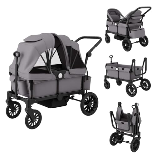 COSTWAY 2 in 1 Geschwisterwagen klappbar, Zwillingskinderwagen mit verstellbarem Griff & abnehmbarem Verdeck, Zwillingsbuggy mit Becherhalter, Tablett, Bollerwagen für 2 Baby ab 6 Monaten (Grau)