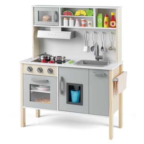 COSTWAY Kinderküche Spielküche inkl. 18 Zubehör, Kinder Küche Holz mit Spüle Mikrowelle Eismaschine Backofen, Spielzeugküche Holzküche für Kinder ab 2 Jahre (Grau)