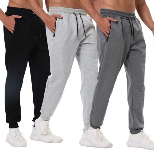 Bsrpolry 3er-Pack Herren-Trainings-Jogginghosen mit Reißverschlusstaschen, Trainings-Gym-Jogginghosen für Herren, Lauf-Jogginghosen, XXL