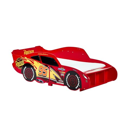 Disney Cars Lightning McQueen Kleinkinderbett: stabile Konstruktion, geschützte Seiten, Holzlatten, hellrot, passend für 140 cm x 70 cm Matratze (Matratze Nicht im Lieferumfang enthalten)