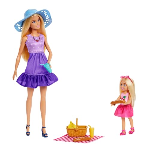 Barbie Family & Friends Spielset aus Puppen und Accessoires, Spielset mit Picknick-Thema, Mode, kleinen Puppen und 9 Accessoires inkl. Essen, JBF43