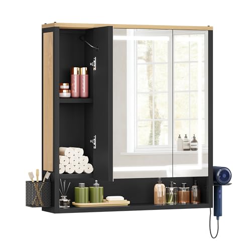 YITAHOME Spiegelschrank Bad mit Beleuchtung, 3 Türen LED Badezimmer Spiegelschrank, Steckdosen, Hängender Badezimmerschrank, Wandschrank, Badezimmerspiegel, 70W x 15D x 75H cm, Braun and Schwarz