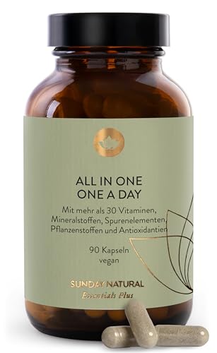 SUNDAY NATURAL® Multivitamin Komplex - All in One – Premium Rundum-Versorgung mit nur 1 Kapsel: 30 A-Z Vitamine, Mikronährstoffe – 90 vegane Vitamin Kapseln - Laborgeprüft und Ohne unnötige Zusätze
