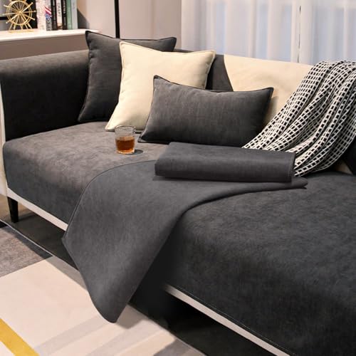Sofa Überzug, Weiche Chenille Sofabezug für 1/2/3 Sitzer, Sofa-Schutzhülle mit Rutschfester Unterlage, Universelle Solide Couch Überzug,Waschbarer Möbelschutz für Wohnzimmer(Dunkelgrau, 90 x 180cm)