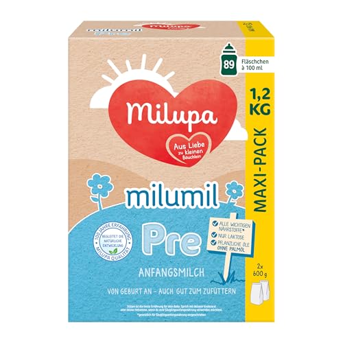Milupa Milumil Pre – Anfangsmilch von Geburt an – Mit allen wichtigen Nährstoffen (laut Gesetz) – Ohne Palmöl – Im praktischen Maxi-Pack – 1,2 kg