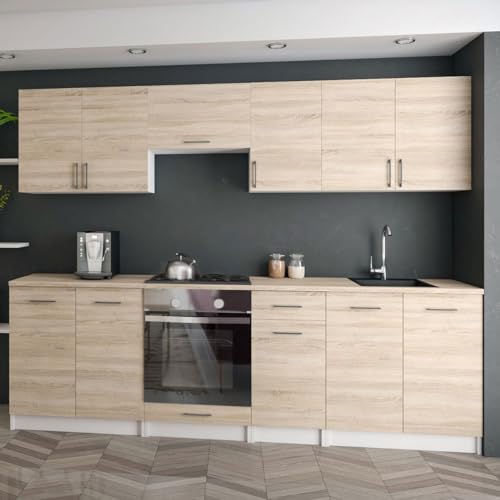 roe furniture Moderne Küchenzeile ohne Elektrogeräte in Sonoma - Einbauküche mit viel Stauraum - Erweiterbares 2,4-m-Set inkl. Arbeitsplatten in Sonoma - 240 x 82 x 46 cm (B/H/T)