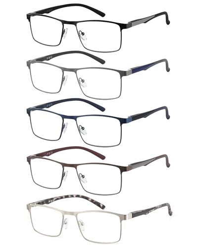 JM 5 Pack Lesebrille Herren, Rechteckig Blaulichtfilter Brille Herren, Metall Federscharniere Lesebrille mit Blaulichtfilter, 1,5 Dioptrien