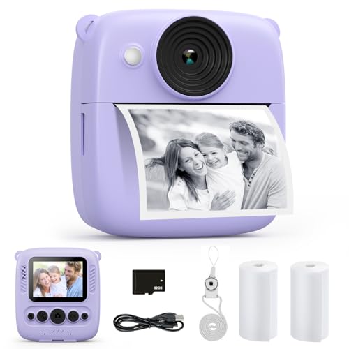 CalineGam Kinderkamera Sofortbildkamera, 48MP Sofortbildkamera Kinder mit 32GB Karte & Druckpapier, 1080P Digitalkamera Kinder, Geschenke für Jungen und Mädchen 3-12 Jahre (Lila)