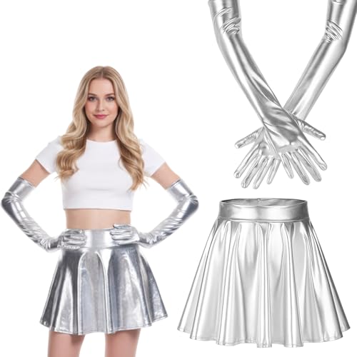 ZYLOUY 2 Stück Alien Kostüm Damen, Silberner Lederrock Und Silberne Handschuhe, Alien Glitzerrock Für Space Outfit Frauen, Astronaut Kostüm, Karnevalkostüm Damen Für Fasching Party