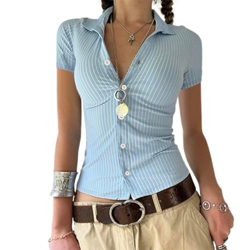 Coquette Hemden für Frauen,Kurzärmelige Karierte T-Shirts,Vintage Botton Up Slim Fit Bluse,Sommer Y2K Streetwear (A2 Blau, S)