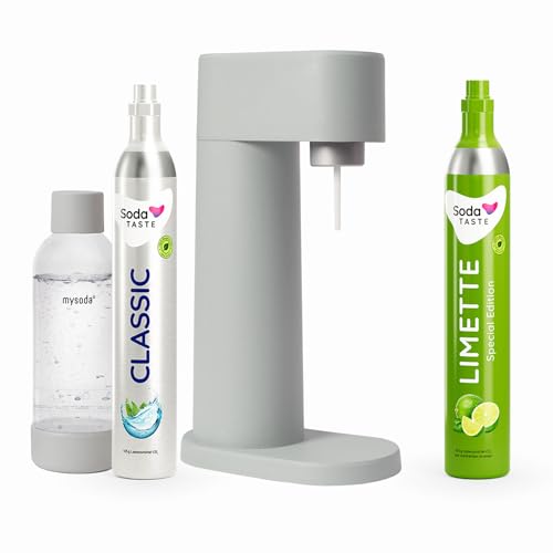 Sparpaket: Mysoda Woody - Wassersprudler aus erneuerbarem Holzkomposit mit 1L BPA-freier Plastikflasche, CO2-Zylinder Classic + CO2-Zylinder Limette (Grau)