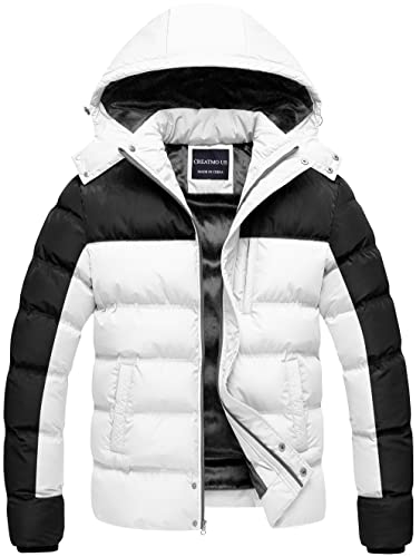 CREATMO US Herren-Puffer-Jacke, wasserdichter, warmer Parka für Winter, dicker Skimantel, Schwarz und Weiß, L