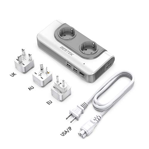 BESTEK 200W Spannungswandler mit 4 USB Reiseladegerät 110v auf 230v Reiseadapter Stromwandler mit austauschbare UK, EU, AU Reisestecker für Reisen nach USA, JAP, KAN, AUS, China,Thailand weiß