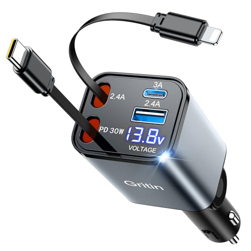 Gritin 4 in 1 Zigarettenanzünder USB C 69W Auto Ladegerät Adapter Kfz 12V, Camping Wohnmobil Auto Zubehör, Travel Essentials mit Spannungsanzeige, Car Accessoires für iPhone 16/17 Pro Max Plus&Galaxy