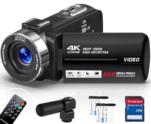 Delmodes Videokamera 4K 30FPS Camcorder 80MP 18X Digitalzoom IR Nachtsicht Vlogging Kamera, 3,0 Zoll IPS-Bildschirm YouTube Camera mit 32GB SD-Karte, Mikrofon, Fernbedienung und 2 Batterien