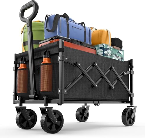 SURFOU Bollerwagen faltbar 160kg belastbar & 120L Volumen | Mit 360° All-Terrain Reifen | Robustes Stahlchassis & Wetterfeste Plane | Ideal für Camping, Strand und Festival (Schwarz)