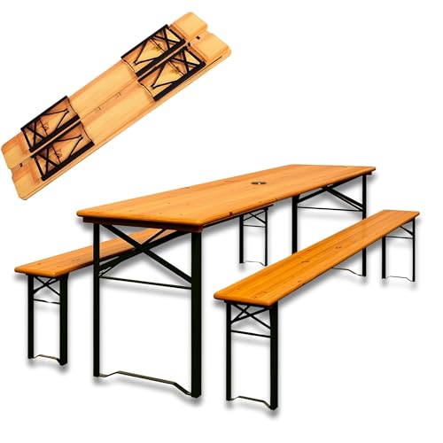 DIVID® Bierzeltgarnitur 3-teiliges Set, Klappbar und portabel, Festzeltgarnitur, 2 Bänke & 1 Tisch, Schirmhalter, Holz, Sitzgarnitur, Biertisch, 170x46x75, Gartenmöbelset,