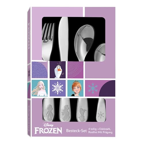 p:os 35805 - Frozen die Eiskönigin Besteckset für Mädchen, 4-teiliges Kinder-Besteckset aus Edelstahl, mit Messer, Gabel, Suppenlöffel und Dessertlöffel, Bunt