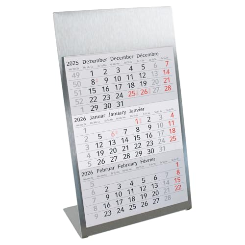 Timr Tischkalender zum Aufstellen aus Edelstahl I für 2 Jahre 2026/2027 I 3-Monats-Kalender Block Magnet I mehrsprachig D/GB/F I Silber matt klein I tr093