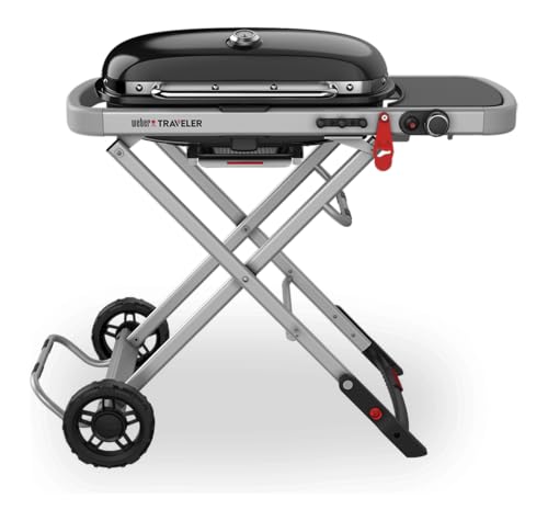 Weber Traveler Gasgrill/Klappbarer tragbarer Gasgrill mit Rädern, automatischer Deckelverriegelung und integriertem Thermometer, 1 Brenner, 111 cm Breite, 2065 cm² Grillfläche, schwarz