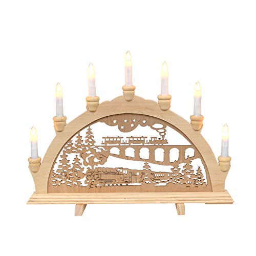 Holz-Schwibbogen, Motiv: Eisenbahn, 7 flammig, ca. 45 x 4 x 33 cm.