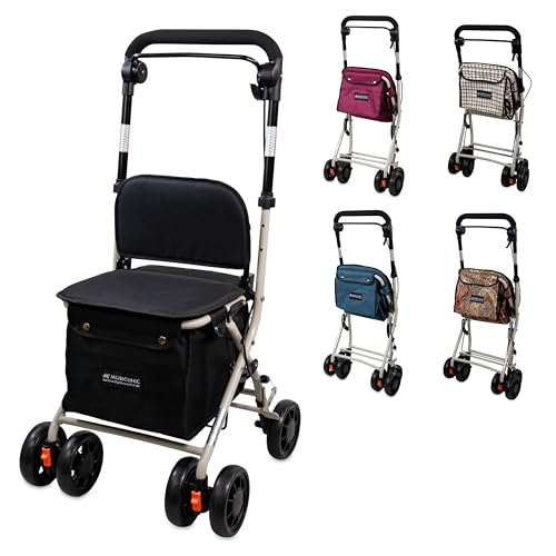 Mobiclinic®, Rollator, Coliseo, Mit großer einkaufstasche und sitz, 21 l, Faltbar leicht, Einkaufswagen, Doppeltes bremssystem, 4 räder, Aus stahl, Stabil, Schwarz