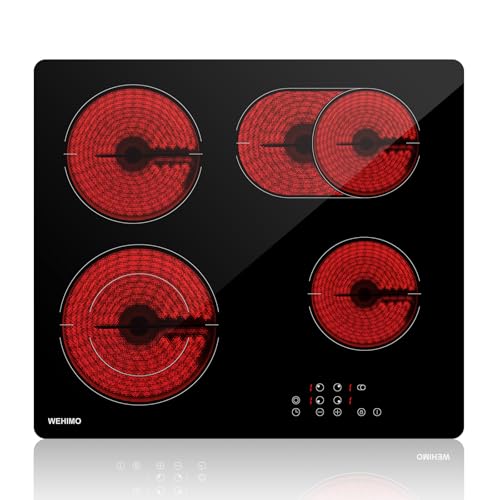Glaskeramikkochfeld 4 platten, WEHIMO Glaskeramikkochfeld 60cm, 7200W, 4 Kochzonen mit dualkochzone, 9 Stufen, Kindersicherung, Timer, Einbau Rahmenlos Keramikkochfeld, Geeignet für Alle Töpfe