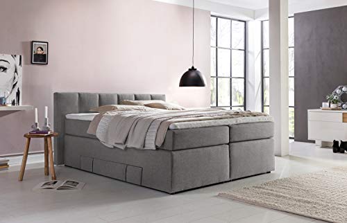 Möbelfreude Doluna Andybur Boxspringbett 180x200cm Hellgrau H2/H3 | 7-Zonen Taschenfederkern Matratze & Visko-Topper | 90 cm hohes Kopfteil ideal für Dachschrägen + Bettkasten für Stauraum