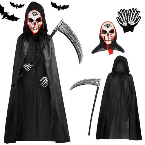 Simsky Sensenmann Halloween Kostüm Set, Schwarzer Umhang mit Totenkopfmaske und Handschuhen, für Erwachsene und Kinder