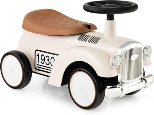 FANTASK Rutschauto mit Stauraum & Kippschutz, 58 x 27 x 34 cm, Kinderfahrzeug mit Lenkrad & Sound, Rutscherfahrzeug Kinderauto mit DIY Abziehbild für Kinder ab 1 Jahr (Weiß)