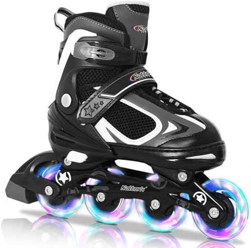 Nattork Inline Skates für Jungen, 4 Größen Inliner Kinder mit Leuchtendem Rad, Verstellbar Inline Skates für Jungen Mädchen Rollerblade für Anfänger Kleine Kinder (Schwarz, Medium 32-36 EU)