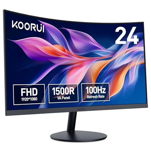 KOORUI Curved Monitor - 23.6 Zoll FHD Curved Computer Monitor, VA-Panel, 100Hz, Krümmung 1500R, Neigungsverstellung, Augenpflege, HDMI, VGA Gaming Monitor, Schwarz