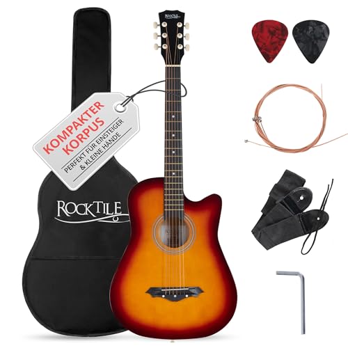 Rocktile WSD-5C-SB Slim Line Westerngitarren Set - Dreadnought Akustik Gitarre - Westerngitarre mit Korpus aus Linde - Hals: Catalpa - Set inkl. Tasche, Ersatzsaiten, Gurt und Plektren - Sunburst
